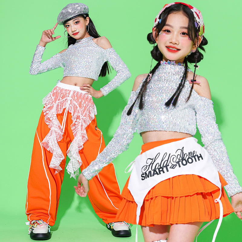 Girls' Dopamine Jazz Dance Performance Outfit Children's Street Dance Costume Kids' Silver Sequin Runway Trendy Girl Set