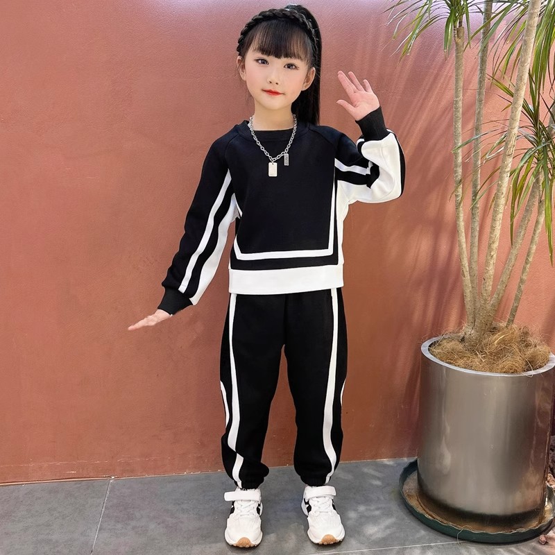 Kinderkleidung Mädchen Herbstoutfit 2024 Neue mittelgroße Kinder Langarm Kontrast Hoodie, Harenhose_voghion.com