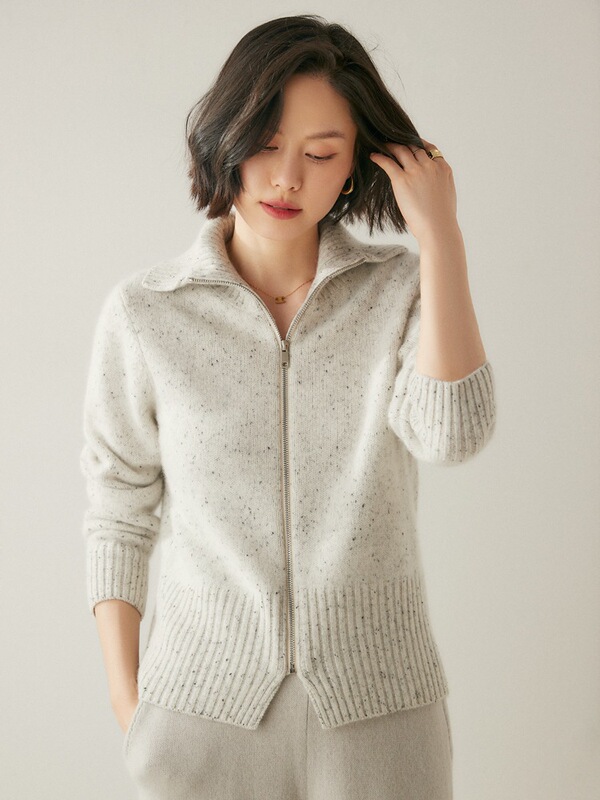Autumn Wind Fragrant Tea Cos Style Colorful Dot Yarn Cashmere Zipper Knitted Cardigan Women's Short Turn-Down Collar Loose Wool Coat