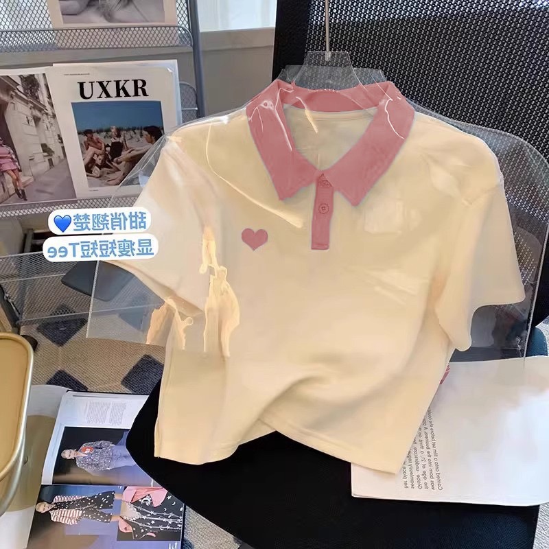 女童polo衫t恤短袖夏季2025新款韩版洋气刺绣爱心中大童翻领上衣