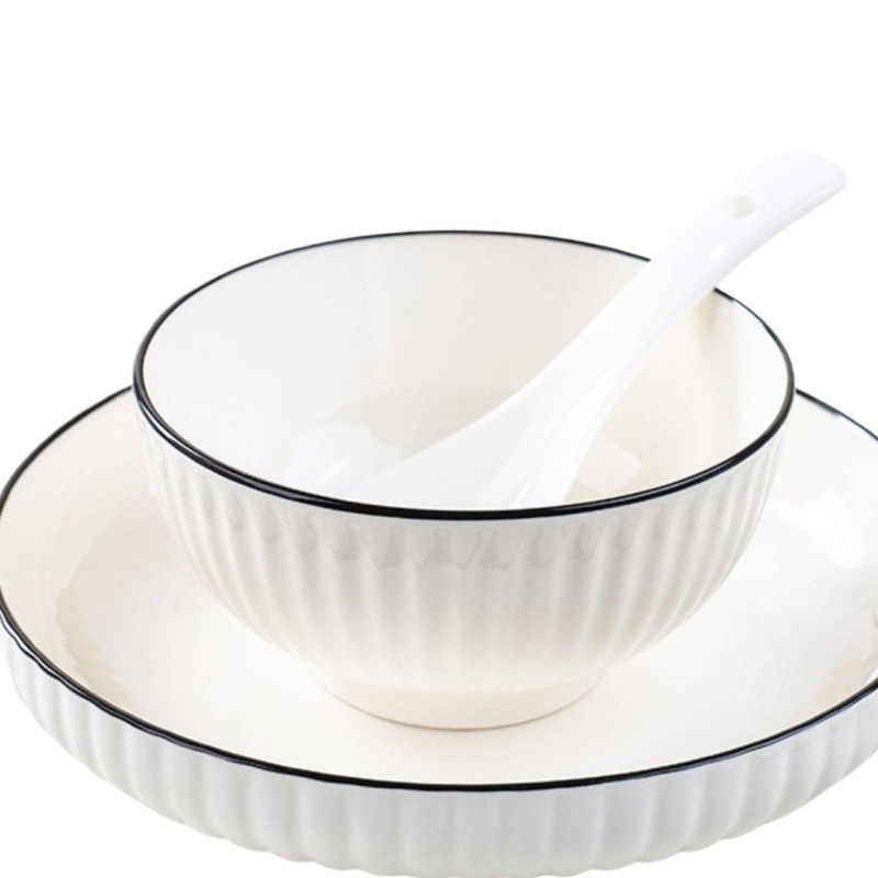 シンプルな和風ボウルと皿、家庭用陶器のボウルと皿、ボウルと箸の組み合わせ、食器、一人用食事セット、ライスプレートの組み合わせ|undefined