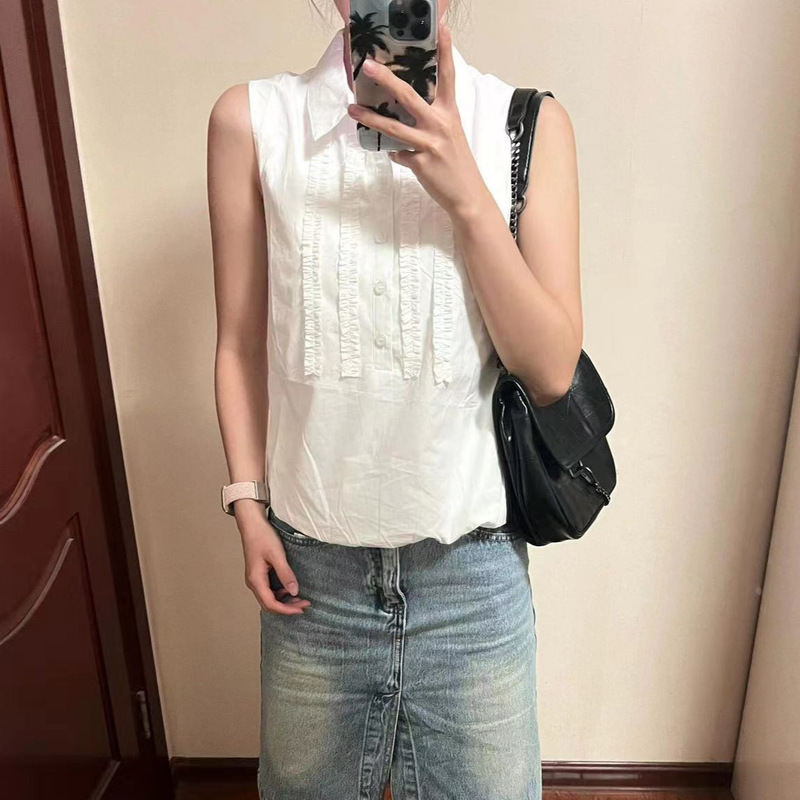 Home Girl Northbu* Lace Pleated Lapel Sleeveless Shirt Women's 25 Summer Casual Elastic Adjustment Pure Cotton Vest