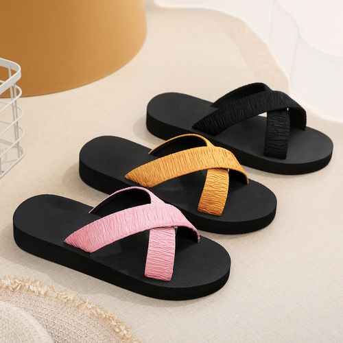 Cross slippers for women, new ethnic style, summer outer wear, fashionable small incense straps, flip-flops, wedge heels, thick-soled beach sandals