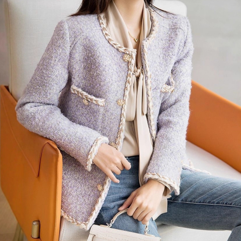 Chanel-Style European Women's Lavender Tweed Cardigan Jacket Top for Petite Women, Autumn and Winter Short Version