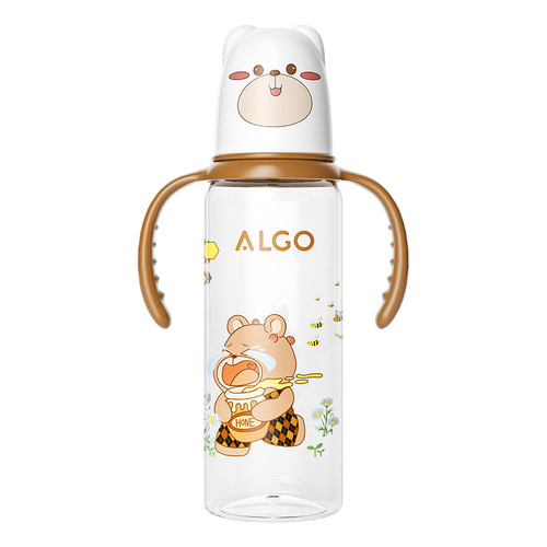 New plastic PP straight-body bottle cute with handle anti-bubble spout 240ml baby bottle wholesale children's supplies