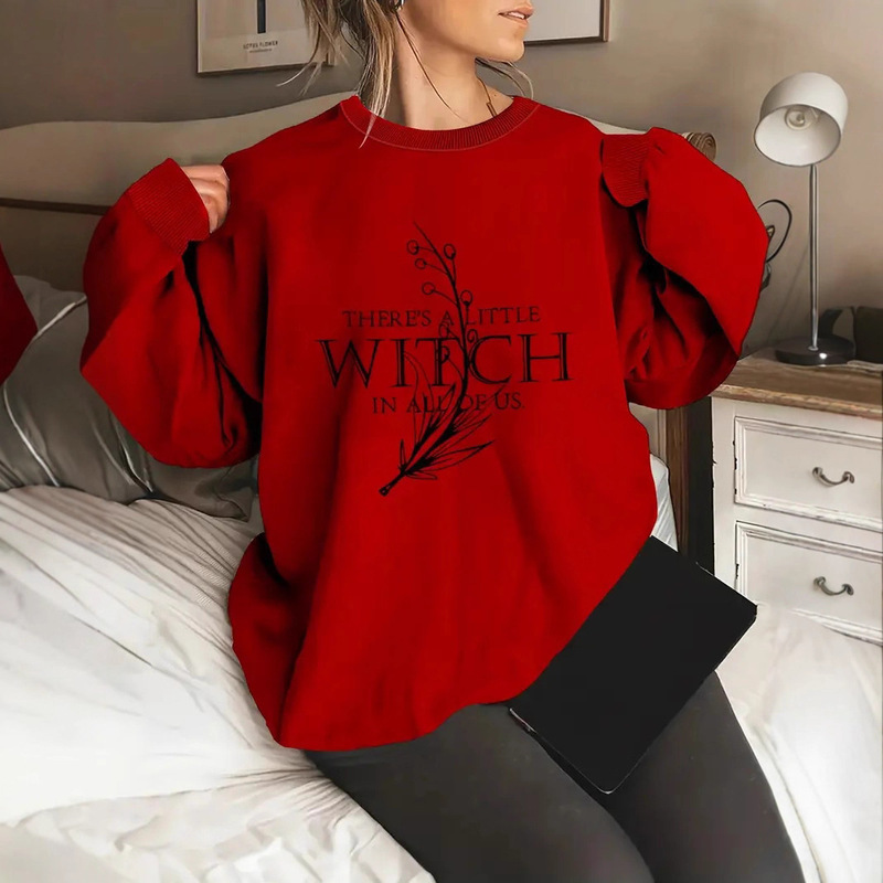 Loose Casual Women's Sweatshirt with Little Witch Print Women's Round Neck Sweatshirt Sports Halloween Sweatshirt