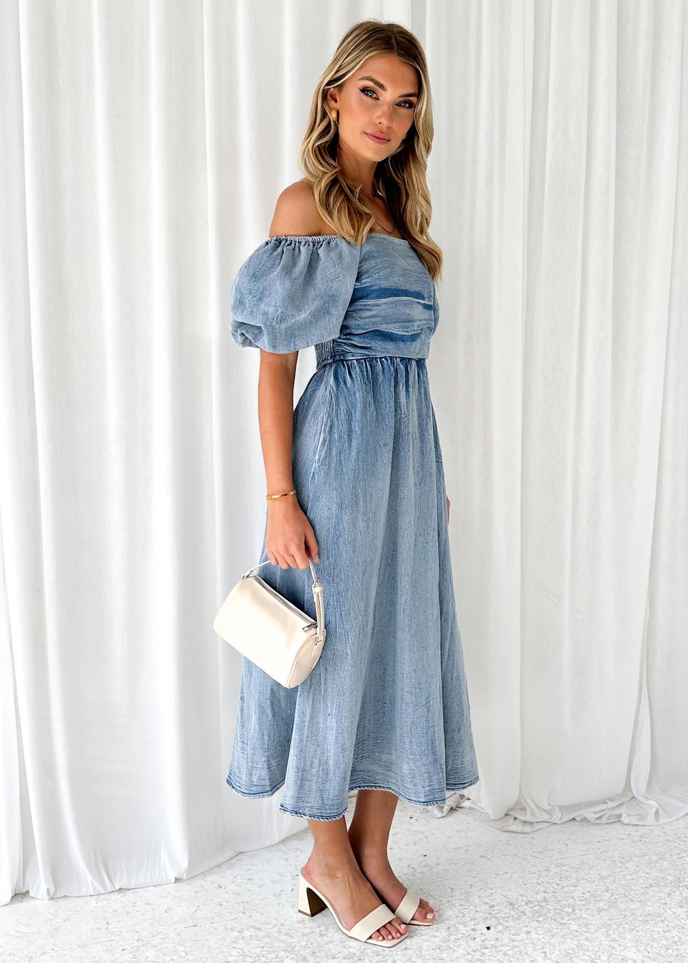 Women's Regular Dress Denim Dress Casual Elegant Off Shoulder Short Sleeve Solid Color Midi Dress Daily Tea Party display picture 5