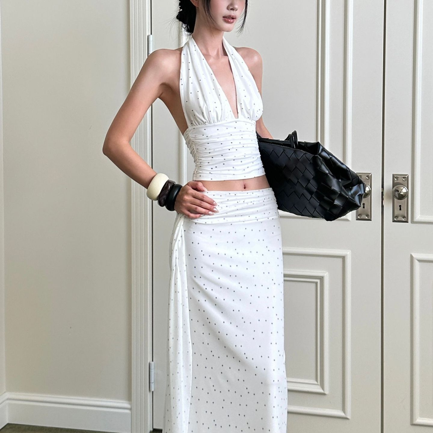 French Retro Polka Dot Suit V Neck Slim Halterneck Vest High Waist Hip Skirt Two-Piece Set