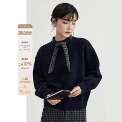 桂儿「18支北极绒」格子系带领！内搭毛衣女春秋宽松针织上衣