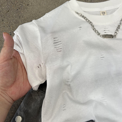 Men's Summer American Style Hole Necklace Short Sleeve T-Shirt Street Casual Children Cut and Tie-Dye Crew Neck Half Sleeve Shirt Trendy