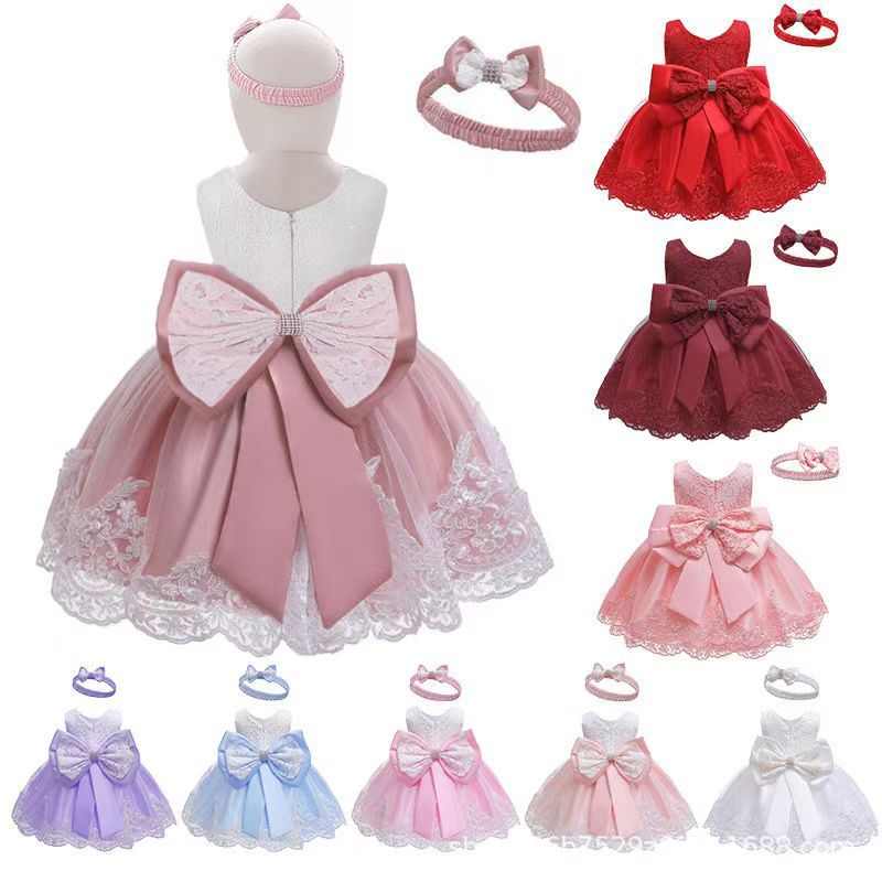 Cross-Border One-Year-Old Amazon Dress Infant Color-Blocked Bow Baby Lace Super Fairy Princess Dress