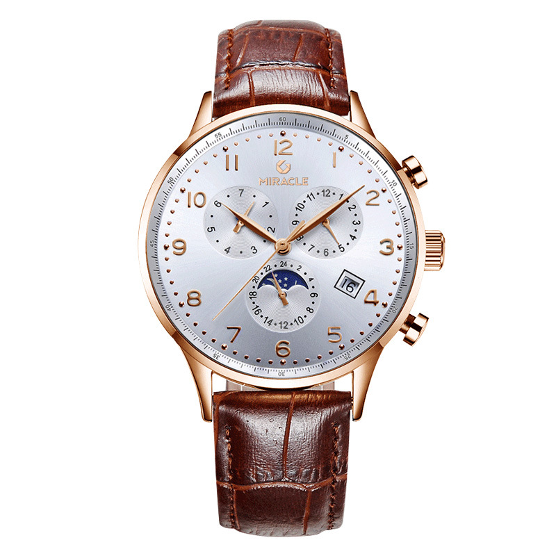 Đồng hồ nam automatic lộ máy dây da thể thao — Đai cà phê mì trắng vỏ hoa hồng 9015, Thắt lưng da đen vỏ hoa hồng 9015