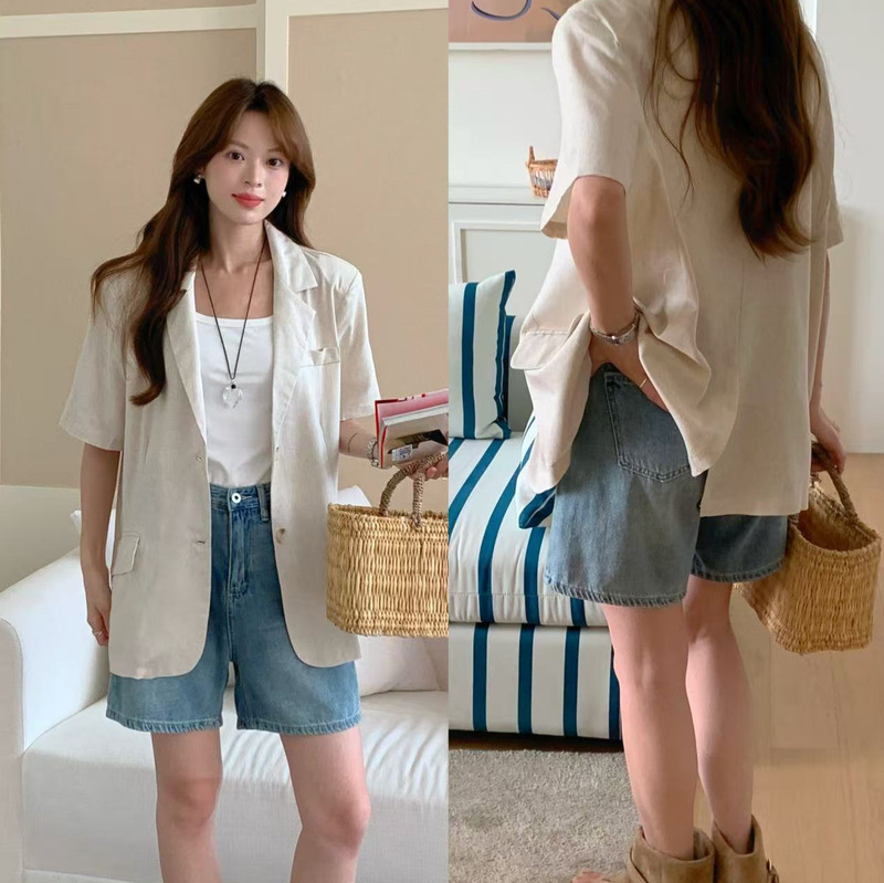 Korean High-End Versatile Cotton and Linen Suit Short Jacket for Women Summer New Style French Style Loose Casual Top for Women
