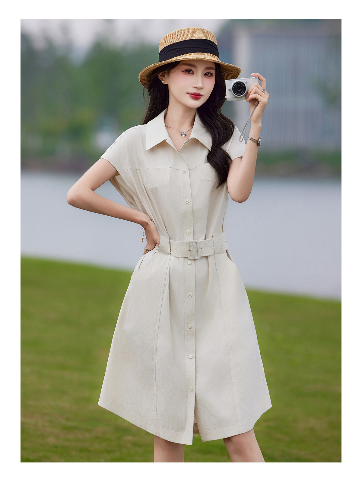 Đầm polo nữ cổ bẻ thắt eo dáng suông midi mùa hè — màu xanh nhạt, màu trắng ngà chi tiết 21