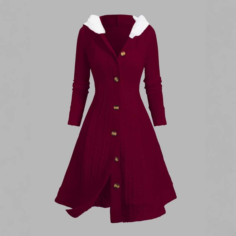 Plush Hooded Knitted Coat for Women, Vintage Twist Pattern, Waist-Cinching A-Line Flare, Autumn and Winter Commuter Slim-Fit Long Coat