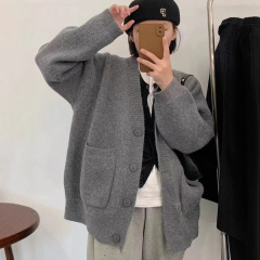 2025秋冬新款韩版V领纯色毛衣外套女宽松百搭休闲慵懒风针织开衫