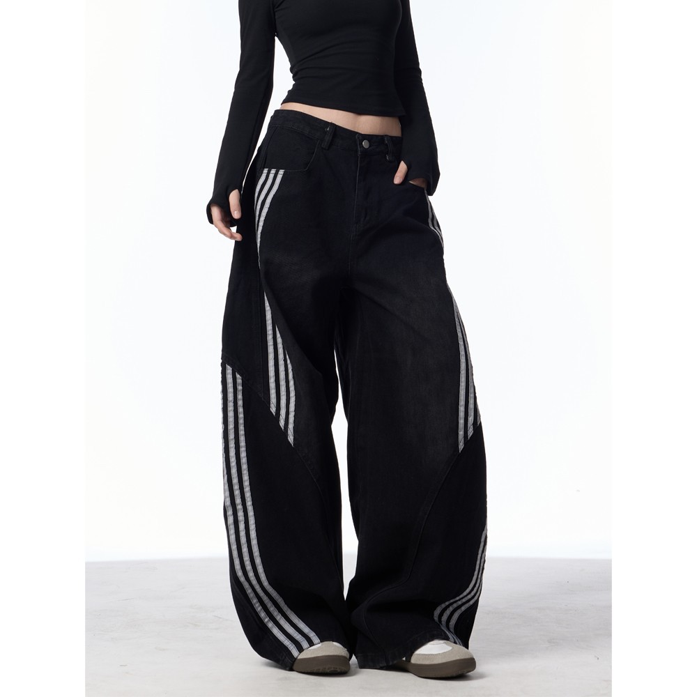 American Style Retro Design Wash Deconstruction Scimitar Jeans Women's New Three Bars Striped Stitching Wide Leg Trendy Pants