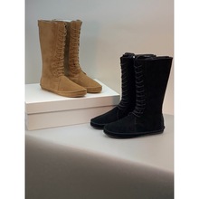 外贸原单2025新款平底系带长筒靴女羊毛一体雪地靴女保暖棉靴女靴