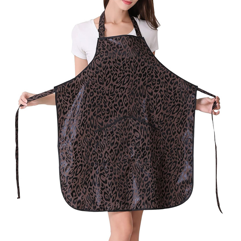 Nuevo delantal de poliéster transfronterizo logotipo personalizado estampado de leopardo cuello halter fijo jardinería al aire libre mono delantal impermeable