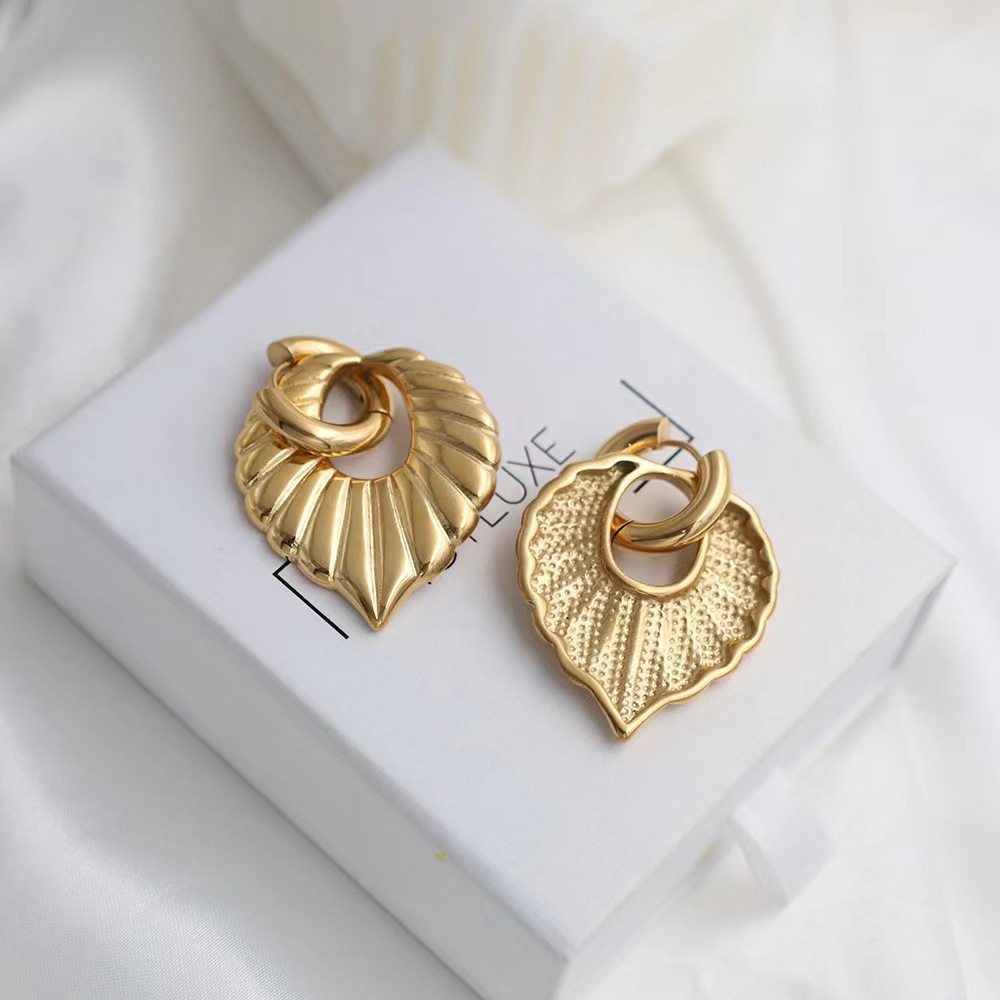Damen Ohrringe Blatt Design Retro Stil Edelstahl Goldfarben_voghion.com