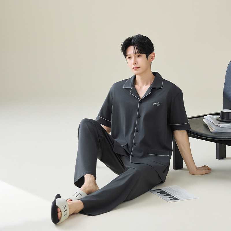 High-End Comfortable Cotton Pajamas for Men, Pure Cotton Summer Thin Short-Sleeved Long Pants, Men's Cardigan, New Men's Home Wear High-End Comfortable Cotton Pajamas for Men, Pure Cotton Summer Thin Short-Sleeved Long Pants, Men's Cardigan, New Men's Home Wear