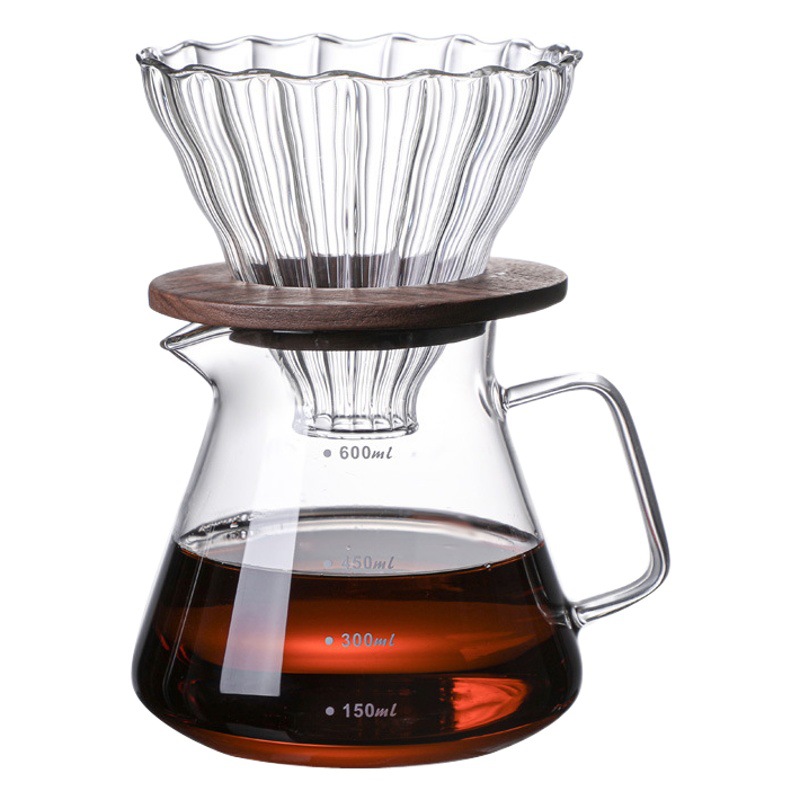 Suministro de vidrio de borosilicato mano Cafetera mano punzonado conjunto con bandeja de madera taza de filtro hogar vidrio café compartir olla
