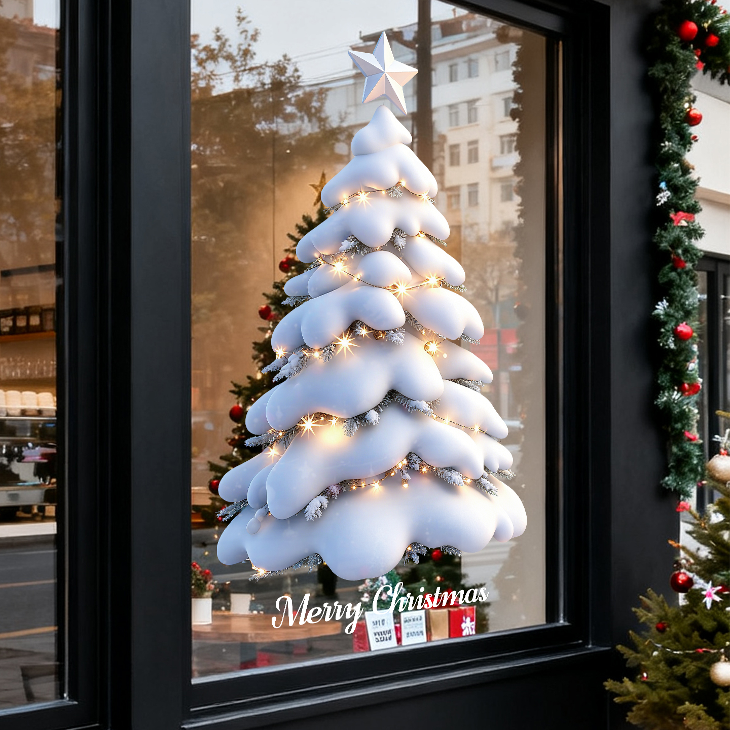 圣诞节白色圣诞树装饰品窗花贴店铺橱窗玻璃氛围场景布置静电贴纸
