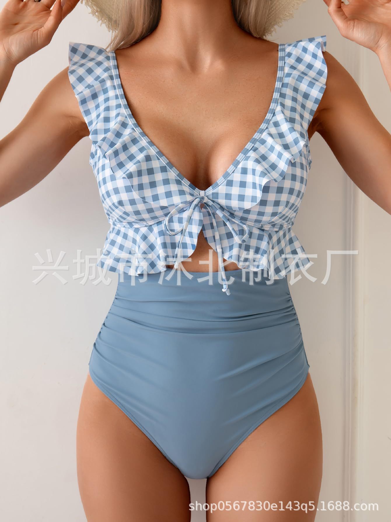 2026 Amazon Europa y los Estados Unidos nuevos trajes de baño unidireccionales mujeres abdominales de cuello V trajes de baño plegados delgados trajes de baño con bordes huecos image 15