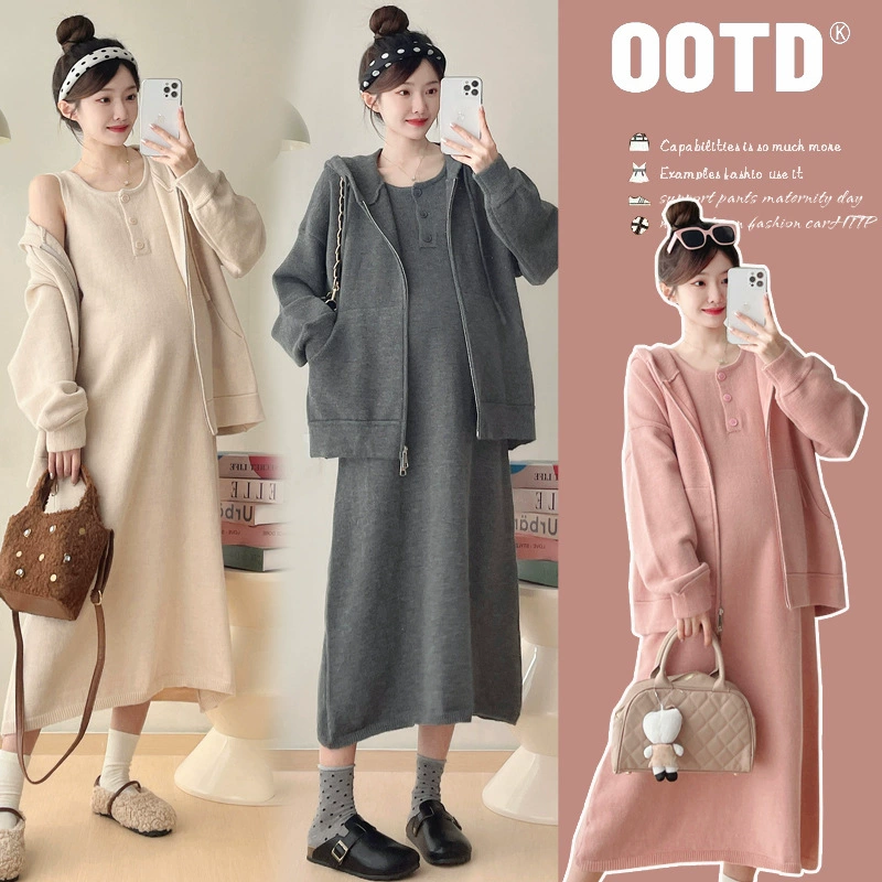 Реальная фотосессия 2024 беременная мама осенняя и зимняя куртка на молнии с капюшоном юбка свитер повседневная мода набор тонкая
