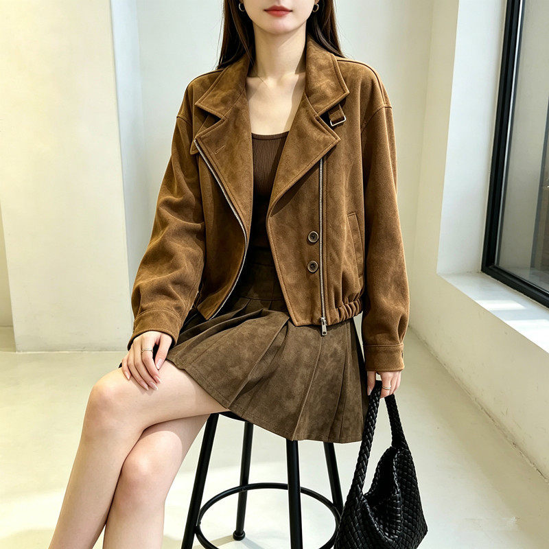 Áo khoác ngắn nữ da lộn dáng rộng khóa kéo, dài tay, cổ bẻ — Màu kaki, Màu nâu cà phê