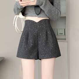 小香风闪闪亮片毛呢短裤女2024秋冬遮胯显瘦a字阔腿裤外穿短靴裤
