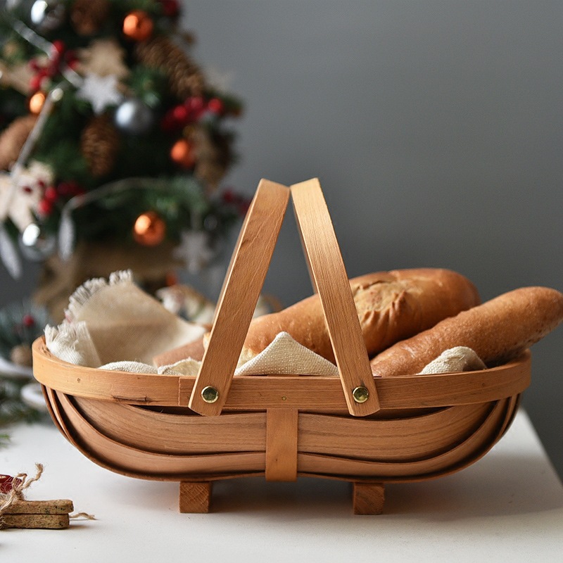 Cesta de Madera en Forma de Barco Hecho a Mano con Doble Asa para Pan image 3