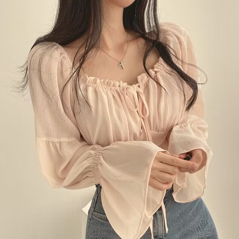 Korean Chic Summer 2026 Ruffled Tie-Neck Square Collar Waist-Cinching Flared Sleeve Chiffon Blouse Short Shirt for Women Summer Korean Chic Summer 2026 Ruffled Tie-Neck Square Collar Waist-Cinching Flared Sleeve Chiffon Blouse Short Shirt for Women Summer