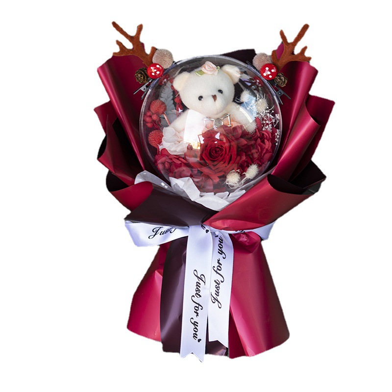 Ramo de muñeca Bobo Ball con rosa eterna grande, con cadena de luz, caja de regalo, regalo de Navidad para novia y compañeras de clase.