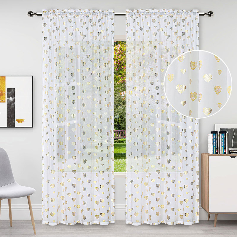 New Gold-Stamped Heart-Pattern Sheer Curtains for a Fresh Bedroom Partition, Cross-Border Finished Sheer Curtains for Bedroom and Living Room, Foreign Trade Curtains