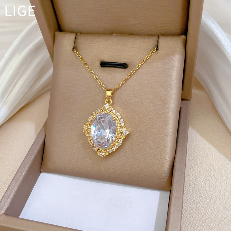 【 Titanium Steel 】 Necklace and earring set, light luxury heavy Industry, Oval Full diamond, personalized and elegant banquet earrings and necklaces pic 8