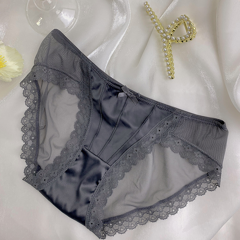 Francés retro satén blanco ropa interior de encaje puro malla sexy briefs cintura baja algodón fino entrepierna