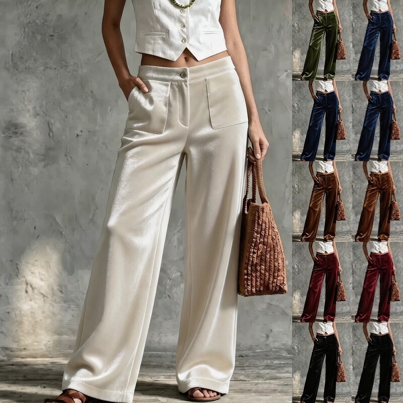 2026 Cross-Border Amazon Wish Independent Site Women's Clothing: Velvet Loose Solid Color High-Waisted Pocket Straight-Leg Casual Pants