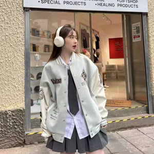 美式复古字母刺绣棒球服毛呢外套春秋2025新款宽松休闲百搭夹克
