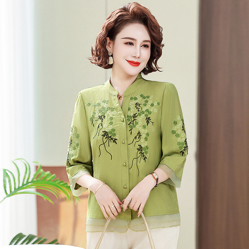 Spring and Summer 2024 New Women's Top Cardigan Large Size National Style Green Jacquard Shirt Belly Covering Slimming Middle-aged Mother