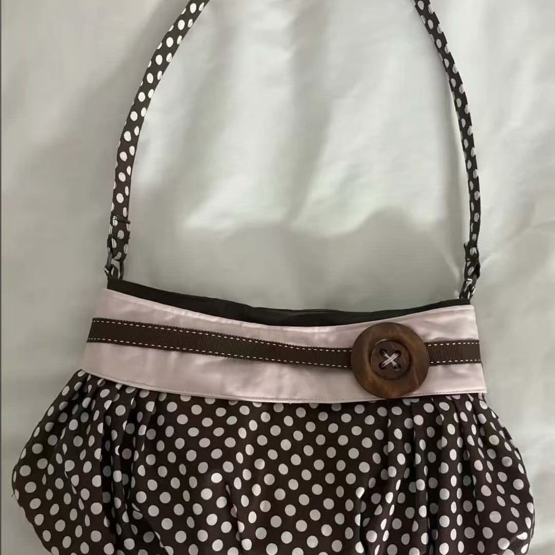Retro Polka Dot Underarm Bag with Pleated Cloud-Shaped Design and Wooden Buttons, Adding a Gentle and Sweet Style for Everyday Use