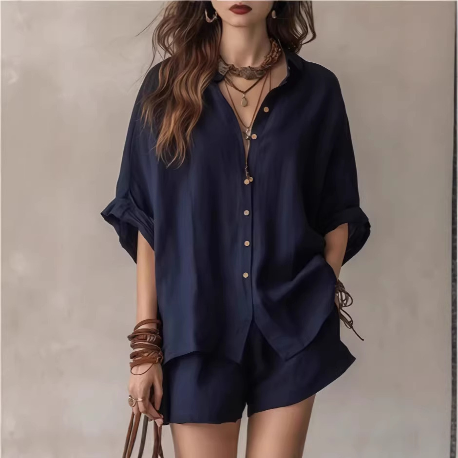 Women's Fashion Casual Suit Solid Color Loose Button Down Shirt And Shorts Spring/Summer New Style Clothing_ecoleips.com