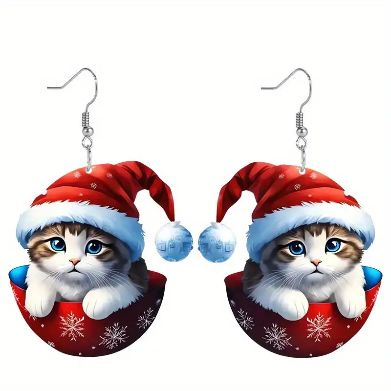Christmas Festival Christmas Hat, Cat Pattern Unisex Gender 1 Pair Cute Christmas Hat Cat Arylic Unisex Drop Earrings Earrings