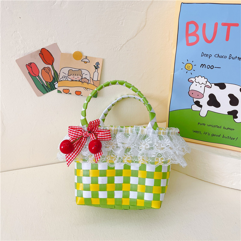 Al por mayor pastoral cesta de verduras niña los niños dibujos animados conejo fresco color tejido bolso la muchacha