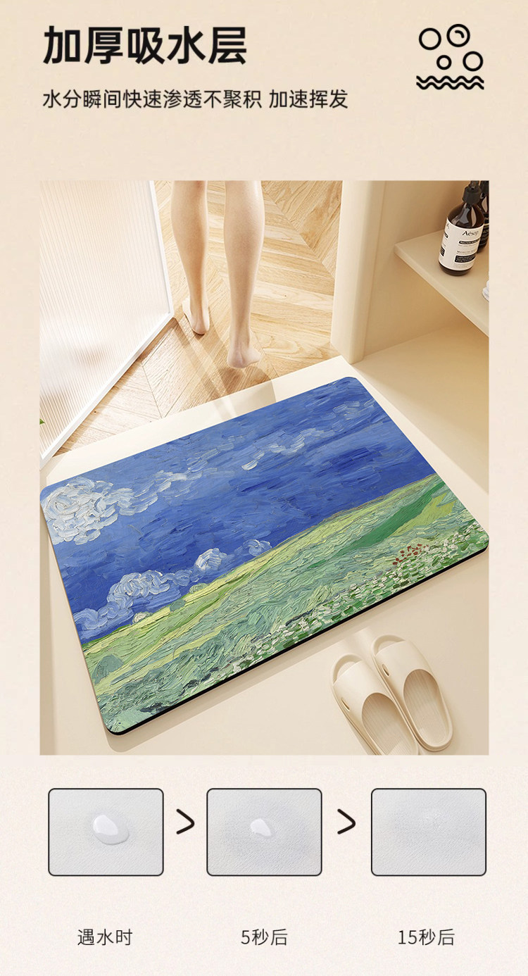 Cross-Border Oil Painting Style Bathroom Floor Mat, Bathroom Sink Absorbent Non-Slip Mat, Toilet Wear-Resistant Diatom Mud Floor Mat