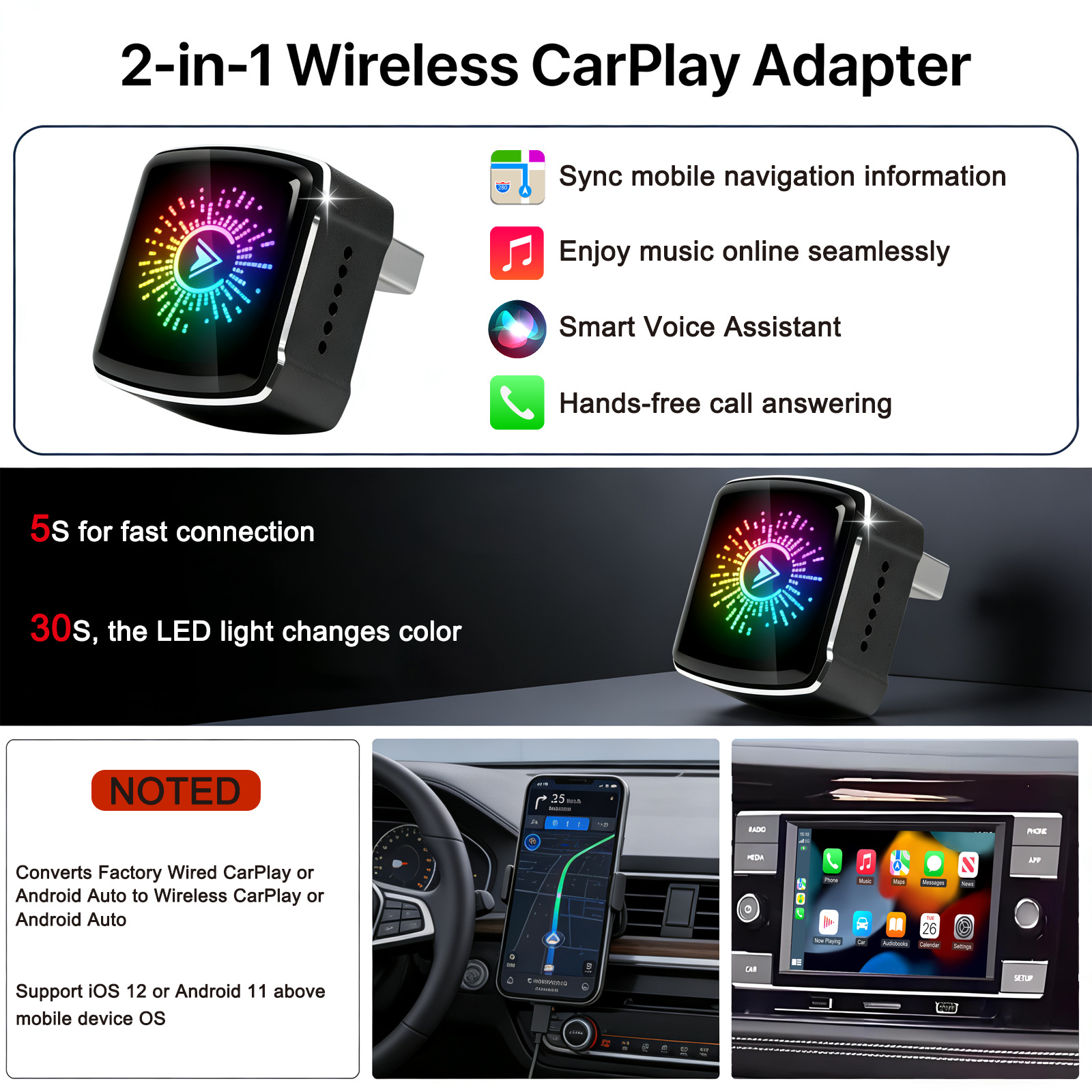 2026 Model Wireless Carplay Box with Rgb Colorful Lights, Android Auto Two-In-One Wired to Wireless Adapter