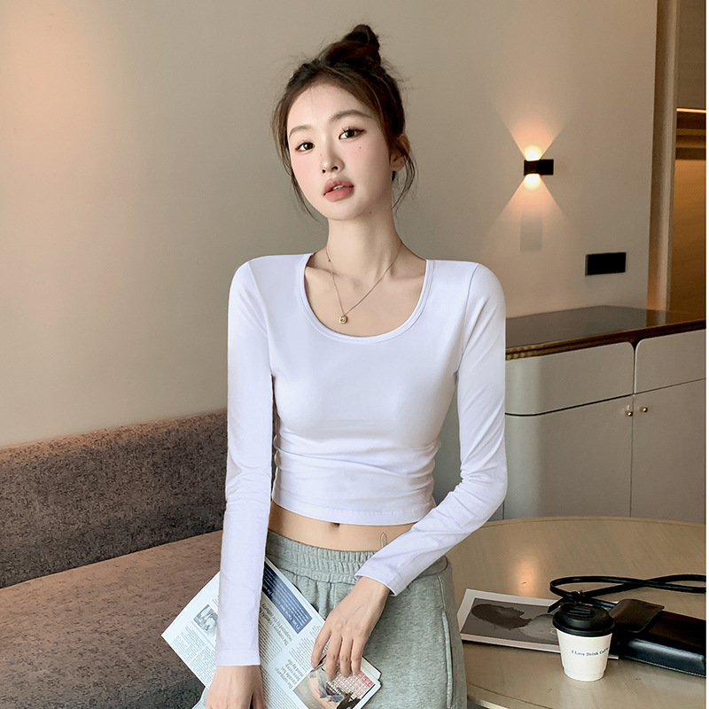 신상품 여성용 코튼 베이직 티셔츠, 봄, 가을용 심플 슬림핏 크롭 티셔츠, 여성용 긴팔 베이직 티셔츠