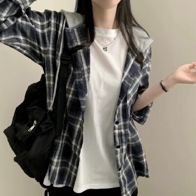 韩版跨境批发复古格子衬衫外套女宽松设计感连帽拼接长袖上衣