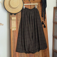 复古文艺格子半身裙女秋冬百搭宽松设计感a字灯笼裙子呢子半裙