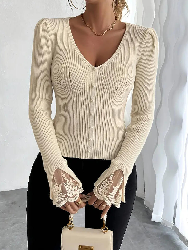 Europa y América transfronterizos ropa de mujer de punto de encaje de cuello V elegante suéter
